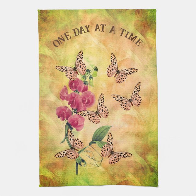 One Day At A Time Butterfly Flower Inspirational Tea Towel (Vertical)