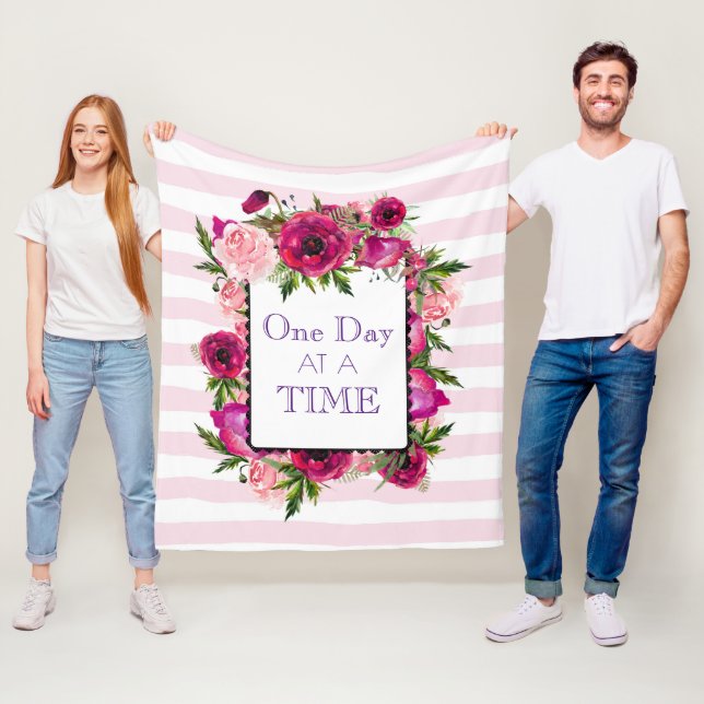 One Day at a Time Floral Frame Quote Fleece Blanket (In Situ)