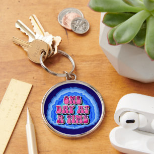 One Day At A Time Geode 12 Step AA Recovery Slogan Key Ring