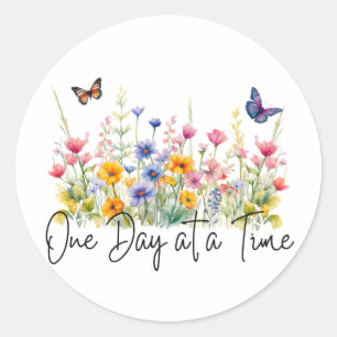 One Day at a Time Inspirational Quote Wildflowers Classic Round Sticker