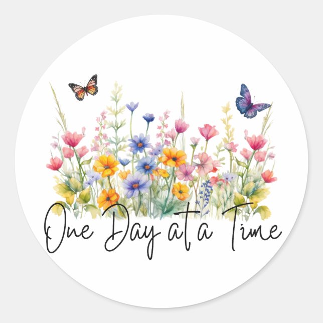 One Day at a Time Inspirational Quote Wildflowers Classic Round Sticker (Front)