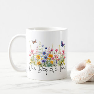 One Day at a Time Inspirational Quote Wildflowers Coffee Mug