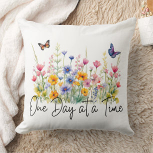 One Day at a Time Inspirational Quote Wildflowers Cushion