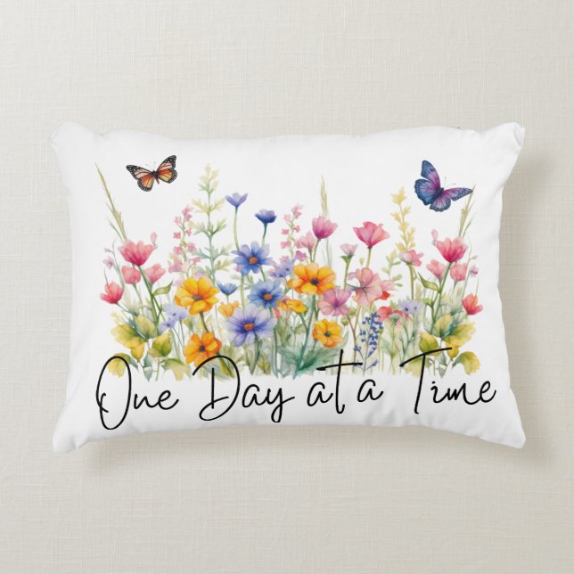 One Day at a Time Inspirational Quote Wildflowers Decorative Cushion (Front)