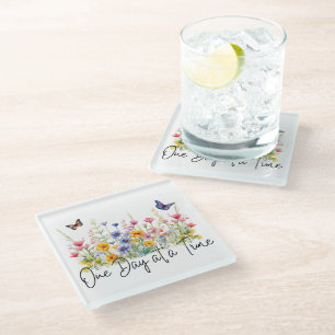 One Day at a Time Inspirational Quote Wildflowers Glass Coaster