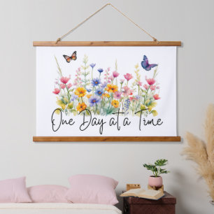 One Day at a Time Inspirational Quote Wildflowers Hanging Tapestry