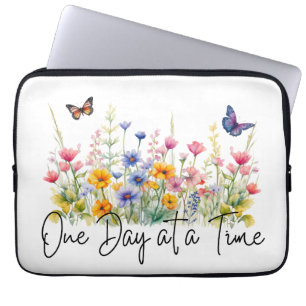 One Day at a Time Inspirational Quote Wildflowers Laptop Sleeve