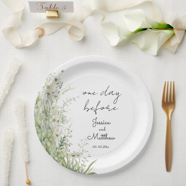 One day before Dusty Sage Green Flowers Wedding Paper Plate (Wedding)