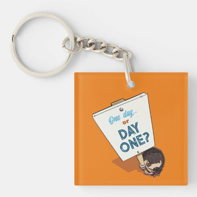 One Day Or Day One? Motivational Hedgehog Cartoon Key Ring (Front)