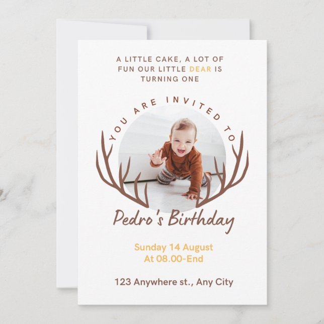 One Deer Antlers Rustic 1st Birthday Party  Invitation (Front)