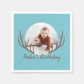 One Deer Antlers Rustic 1st Birthday Party Napkin