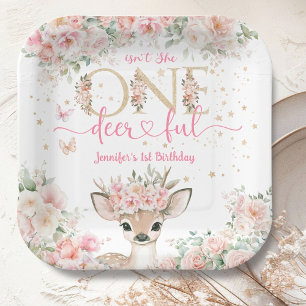 One-Deer-Ful 1st Birthday Girl Pink Fawn Paper Plate