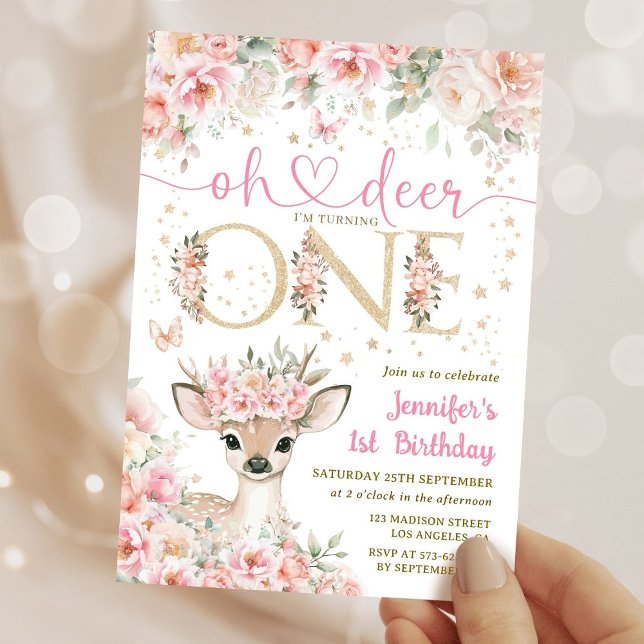 One-Deer-Ful Birthday Girl Pink Gold Invitation (Creator Uploaded)