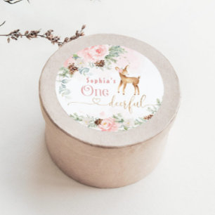 One-deer-ful blush pink 1st girl birthday classic round sticker