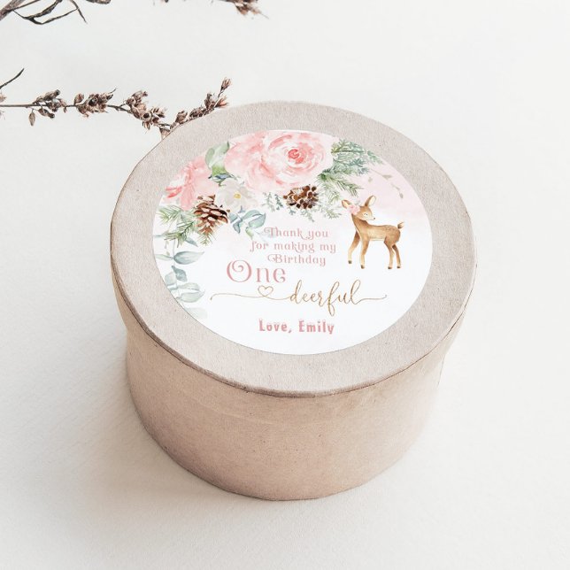 One-deer-ful winter blush pink 1st girl birthday classic round sticker (Creator Uploaded)