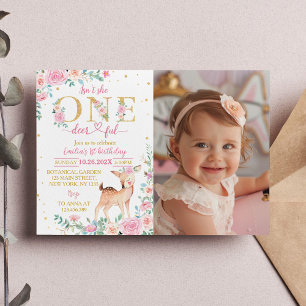 One-deerful Pink Floral Birthday Photo Invitation