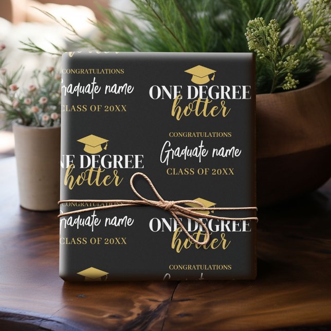 One Degree Hotter - Black Gold Graduation Script Wrapping Paper (Custom Graduation Wrapping Paper)