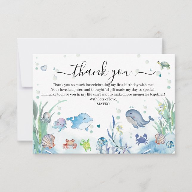 One-Der the Sea 1st Birthday Ocean Animals  Thank You Card (Front)
