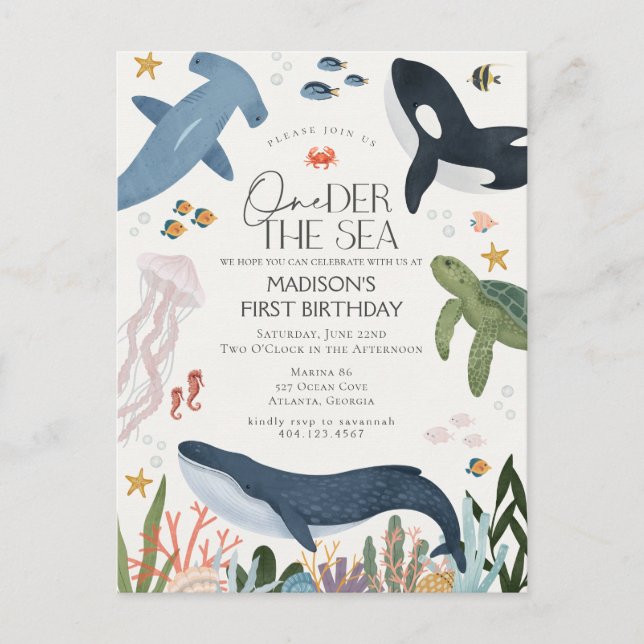 One-der The Sea Gender Neutral Birthday Invite Postcard (Front)