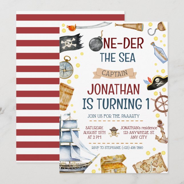 One-der The Sea Pirate Ship 1st Birthday Party Invitation (Front/Back)