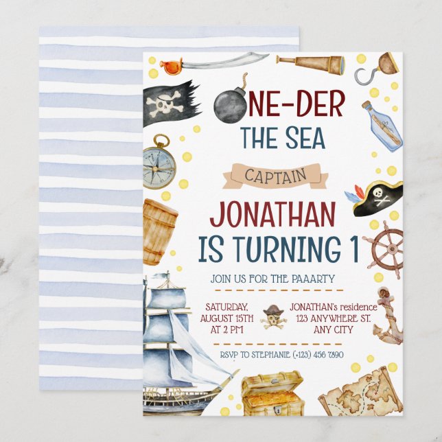 One-der The Sea Pirate Ship 1st Birthday Party Invitation (Front/Back)