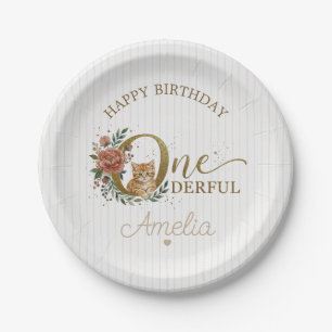 One-Derful 1st Birthday Cute Cat Floral Paper Plate