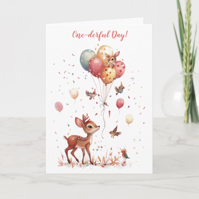 One-derful Day Woodland Animals 1st Birthday Card (Front)