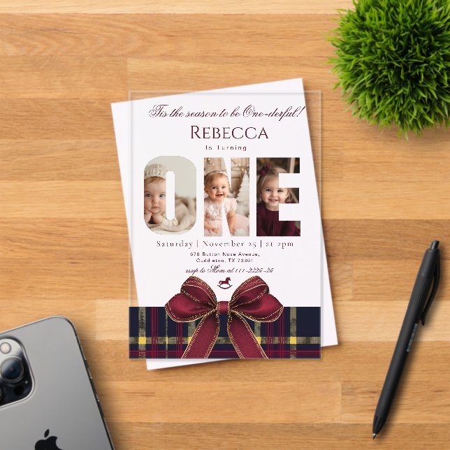 One derful Girl 1st Birthday Photo Preppy Holiday  Acrylic Invitations (Insitu (Invitation Card))