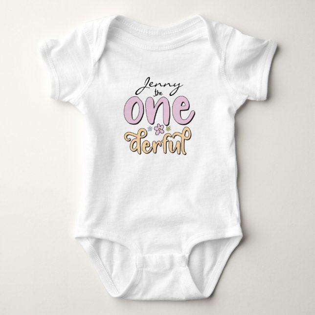 "One-derful", Personalised Name, flowers design Baby Bodysuit (Front)