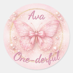 One-derful Pink Butterfly 1st Birthday  Classic Round Sticker