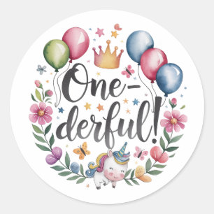 One-derful Watercolor Unicorn Birthday Classic Round Sticker