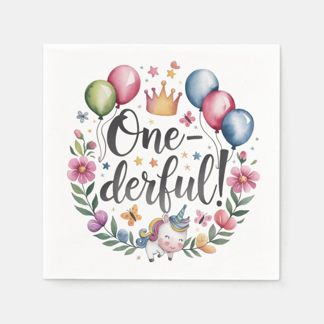 One-derful Watercolor Unicorn Birthday Napkin (Front)
