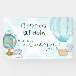 ONE derful World Blue Hot Air Balloon 1st Birthday Banner