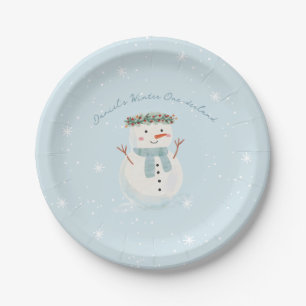 One-derland Winter Bash Cute Snowman and Snowflake Paper Plate