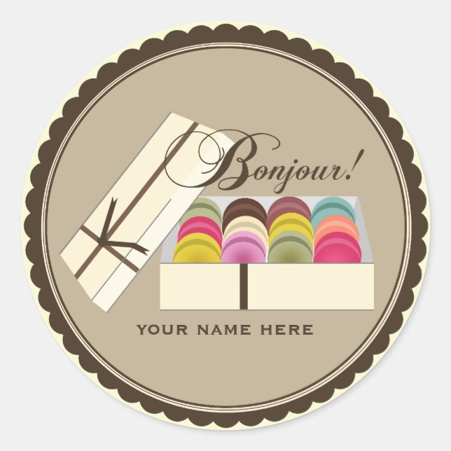 One Dozen French Macarons Bonjour Personalised Classic Round Sticker (Front)