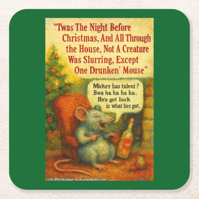 One Drunken' Mouse – Christmas Card Chaos Square Paper Coaster (Front)