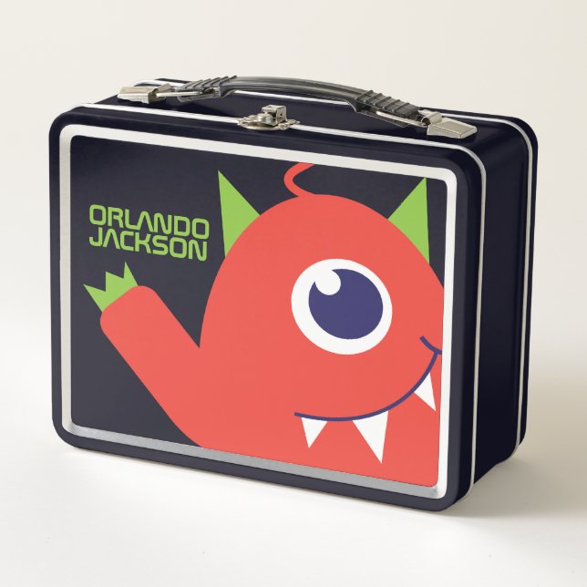 One eyed alien monster orange kids name lunch box (Front)