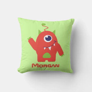 One eyed alien orange & green kids name pillow