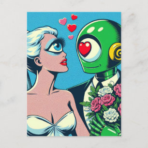 One Eyed Alien Woman and Green Robot in Love Postcard