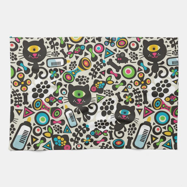 One Eyed Black Cat Tea Towel (Horizontal)