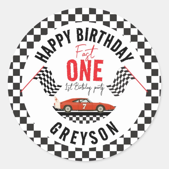 One Fast Race Car Boy 1st Birthday Party Classic Round Sticker (Front)