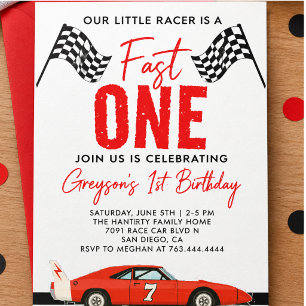 One Fast Race Car Boy 1st Birthday Party Invitation