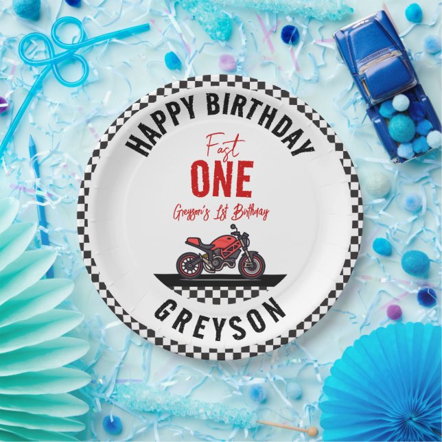 One Fast Race Motorcycle Boy 1st Birthday Party Paper Plate (Party)