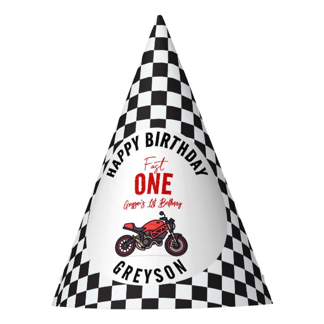 One Fast Race Motorcycle Boy 1st Birthday Party Party Hat (Front)