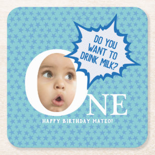 ONE first birthday boy personalised  Square Paper Coaster