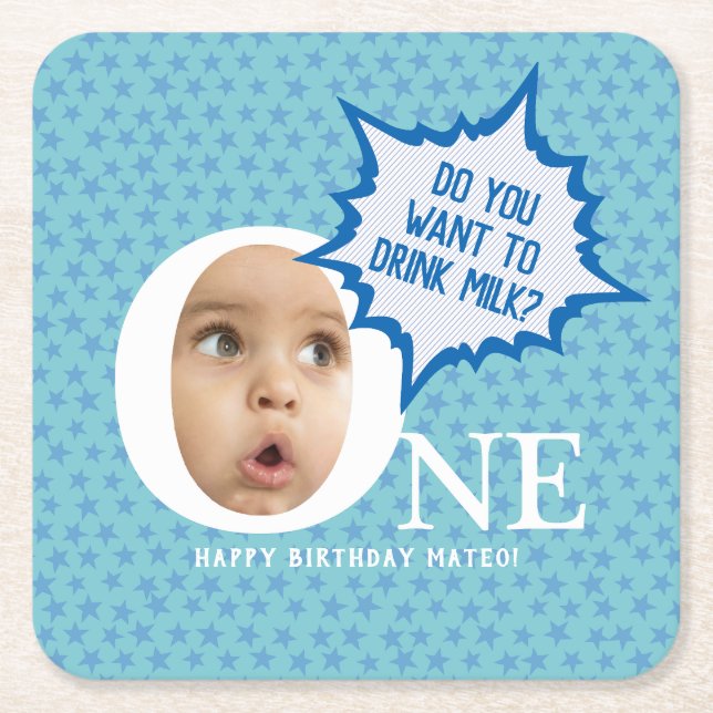 ONE first birthday boy personalised  Square Paper Coaster (Front)
