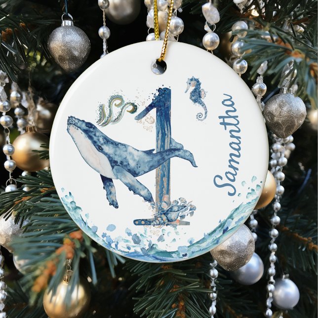 One First Birthday Child Personalised Whale Cerami Ceramic Tree Decoration (Creator Uploaded)