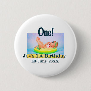 One first birthday photo modern add name date 6 cm round badge