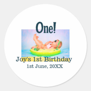 One first birthday photo modern add name date  classic round sticker