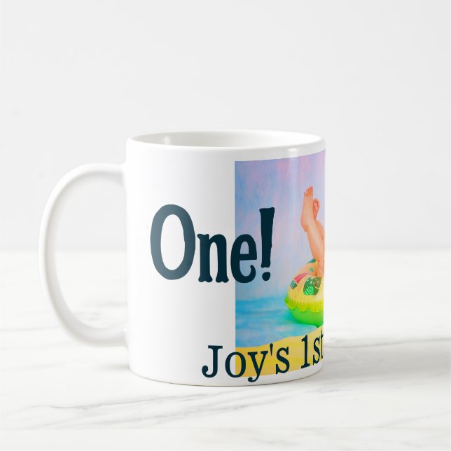 One first birthday photo modern add name date  coffee mug (Left)